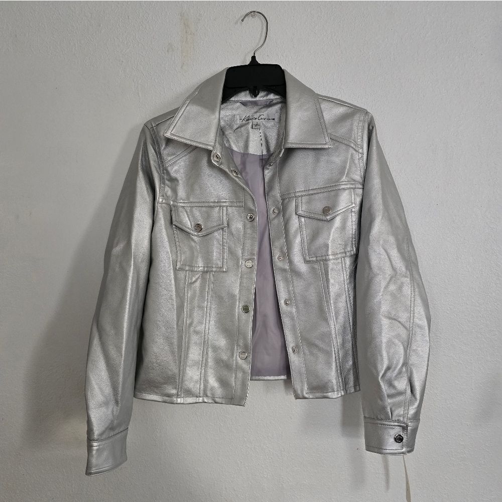 NWT Kenneth Cole Faux Leather Silver Metallic Jacket Size Small